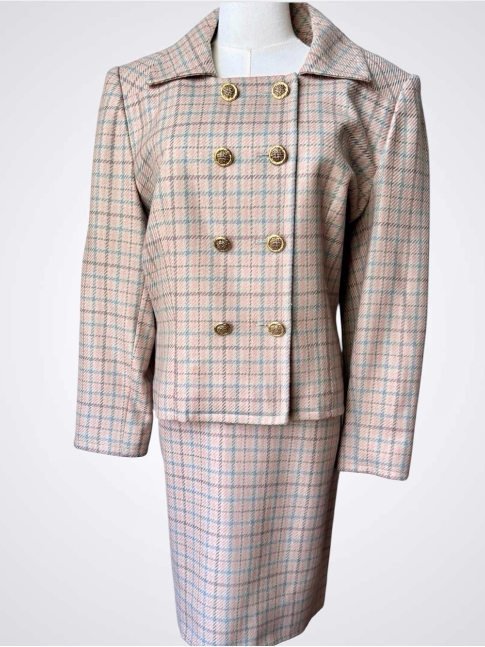 Wool Plaid Skirt Suit 2 Pc Set Pink Gray Pastel Womens 12 Vintage Gene Roye